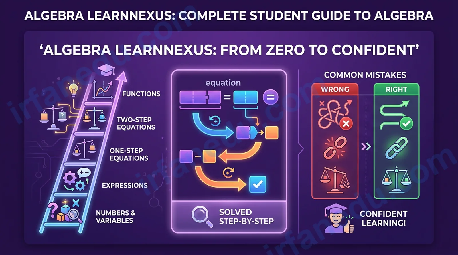 Algebra LearnNexus student guide showing variables, equations, and step-by-step problem solving on a purple chalkboard