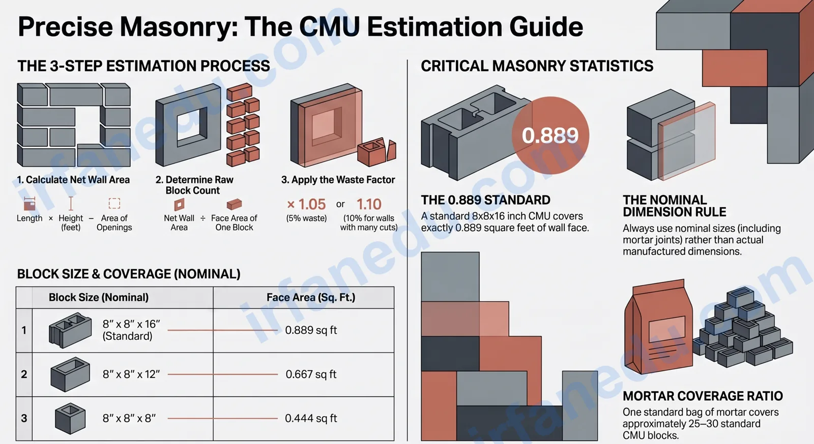 Block estimator calculator showing concrete CMU wall dimensions and block count formula on a construction site