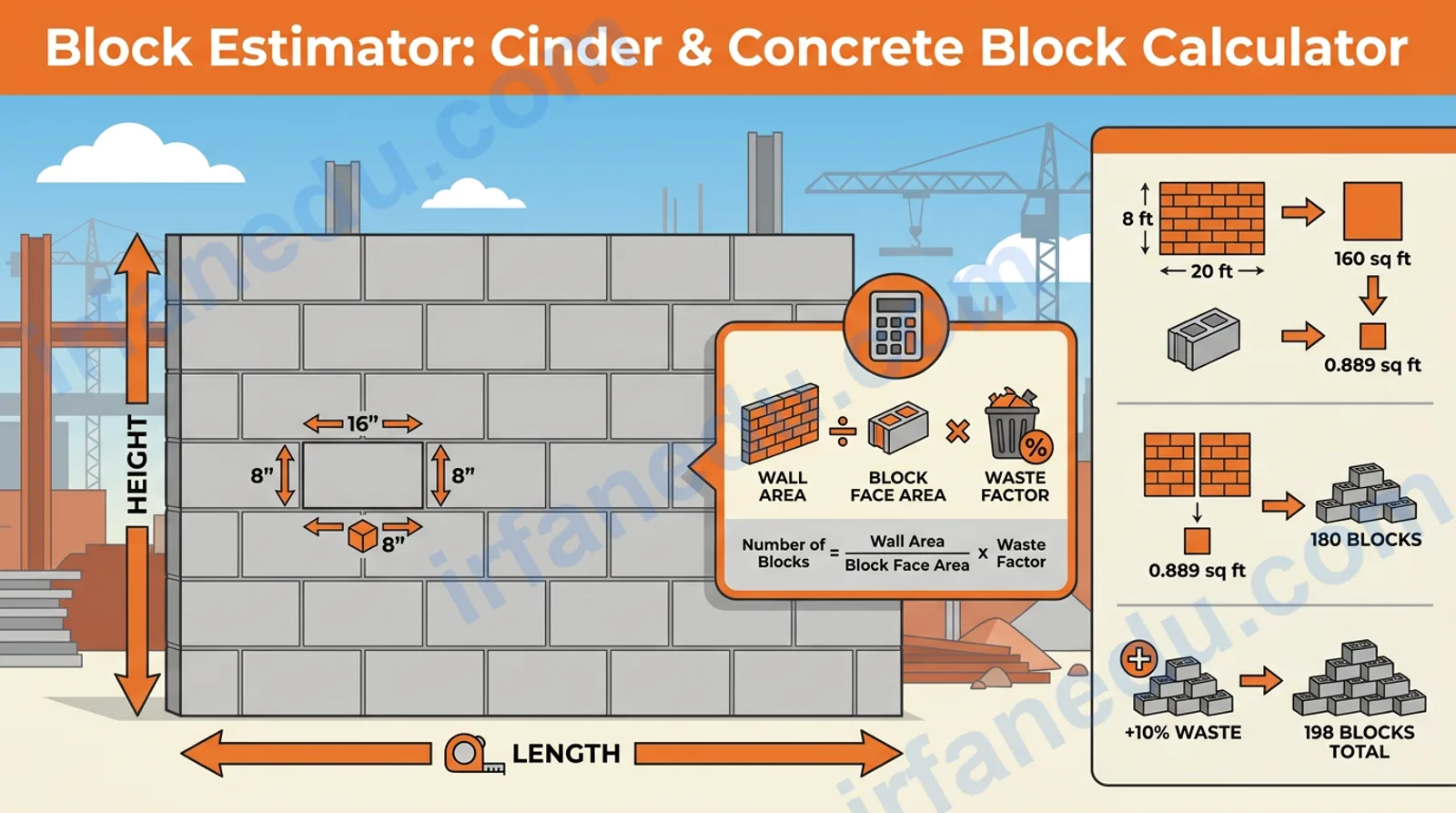 Block estimator calculator showing concrete CMU wall dimensions and block count formula on a construction site