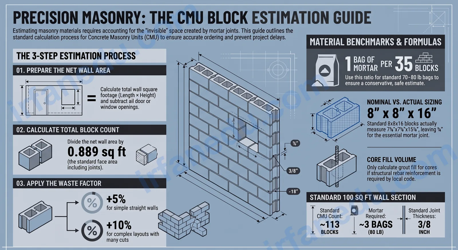 Block wall calculator showing cinder block count, mortar bags, and wall dimensions on a construction site diagram
