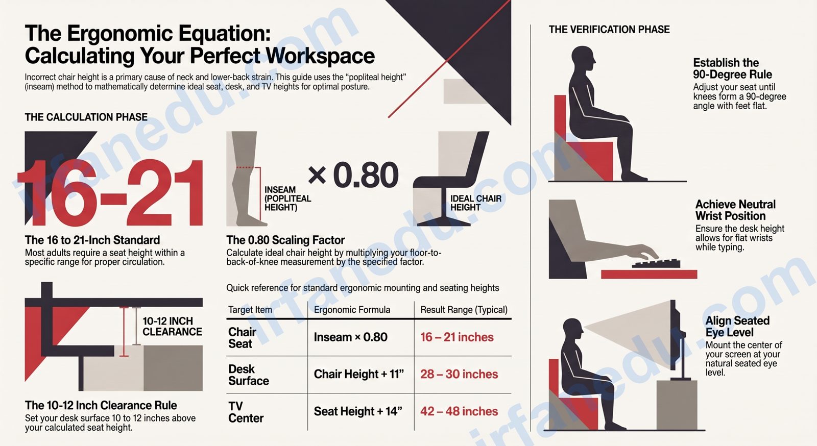 Chair height calculator diagram showing ergonomic seat height measurement based on person's leg length and desk height