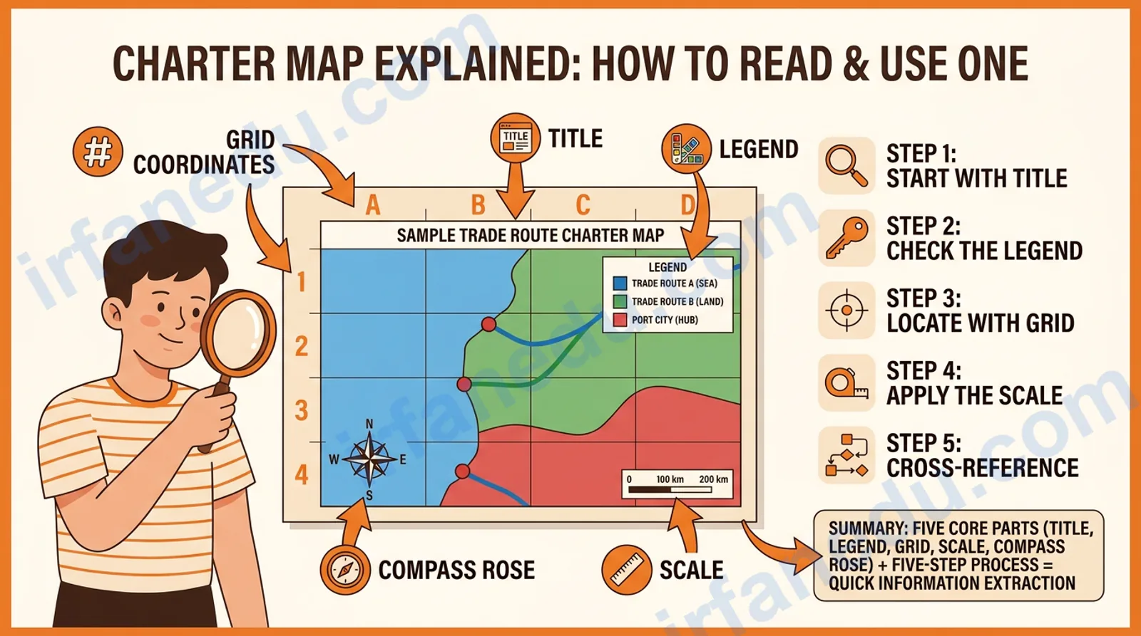 Charter map example showing labeled sections, legend, and grid layout for students learning how to read a charter map