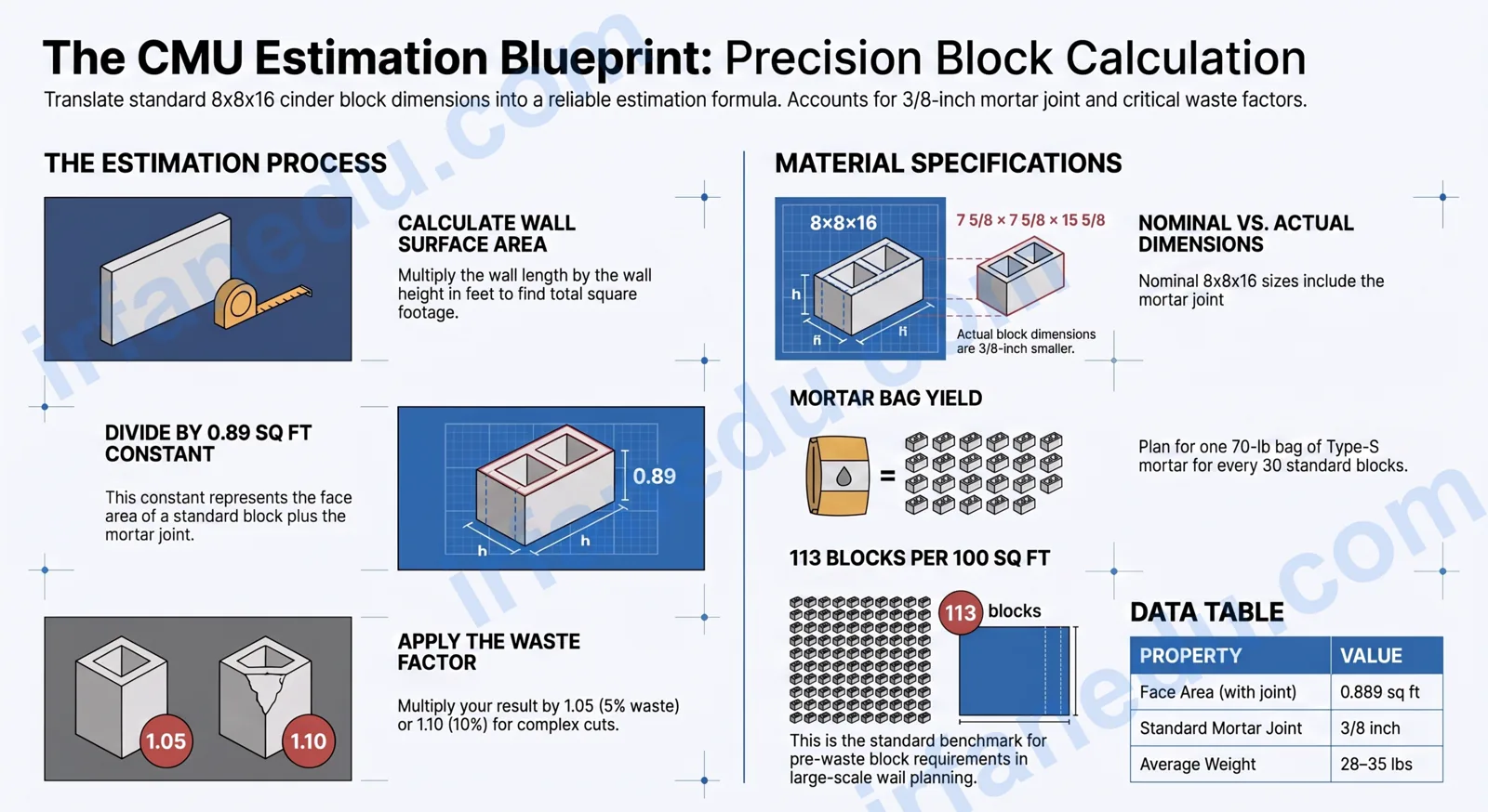 Cinder block calculator tool showing CMU wall with block count, mortar bags, and cost estimate on a blueprint background
