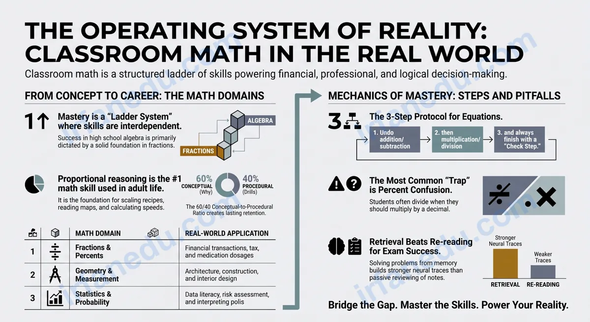 Classroom math concepts illustrated with real-world applications including budgeting, geometry, and algebra on a chalkboard