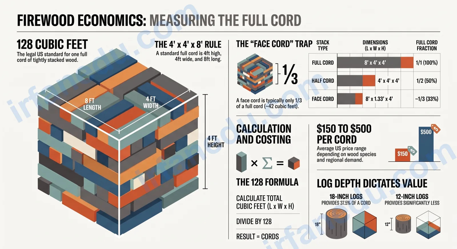 Cord wood calculator showing a neatly stacked firewood pile with dimensions labeled for length, width and height in feet