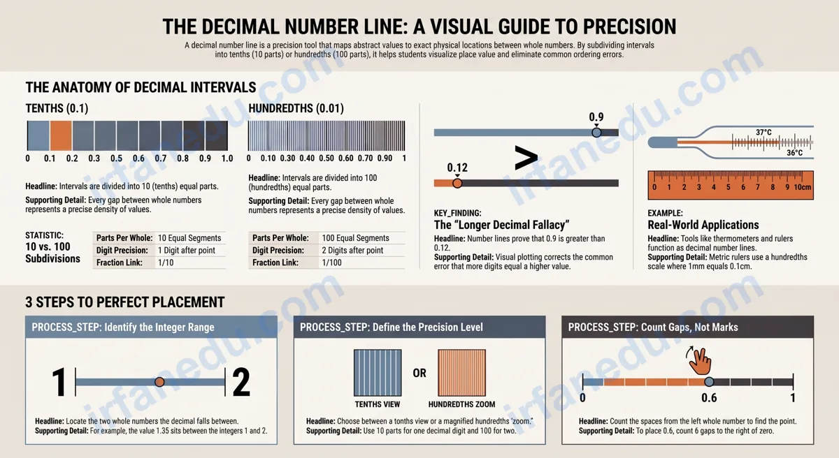 Decimal number line diagram showing 0.1 to 0.9 marked between 0 and 1 with teal tick marks and labels