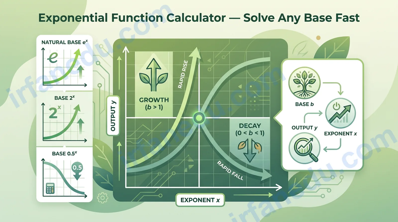 Exponential function calculator showing b^x and e^x computation with step-by-step solution on a green-themed math interface