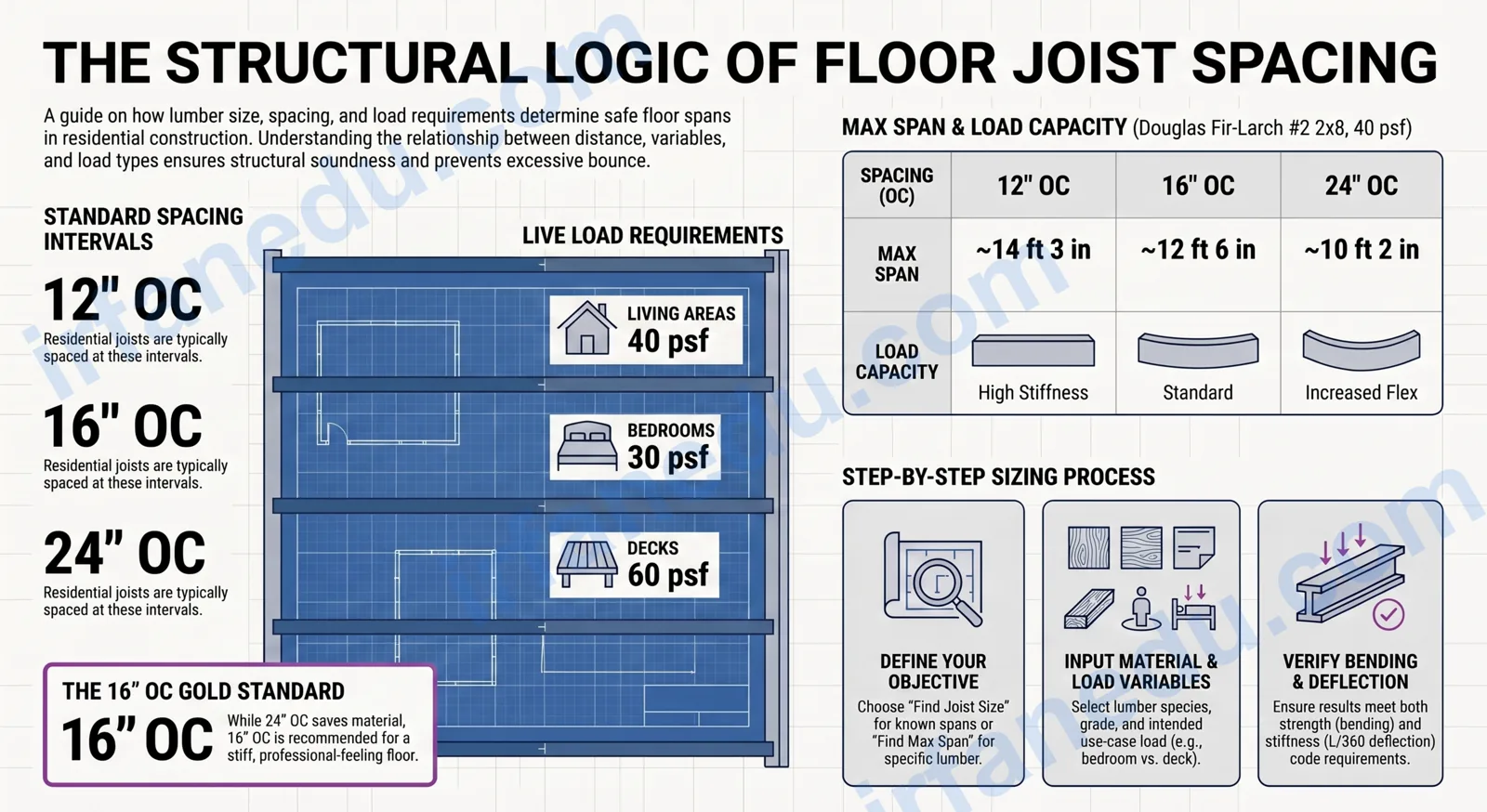 Floor joist spacing table calculator showing lumber sizes, span distances, and on-center spacing for residential floor framing