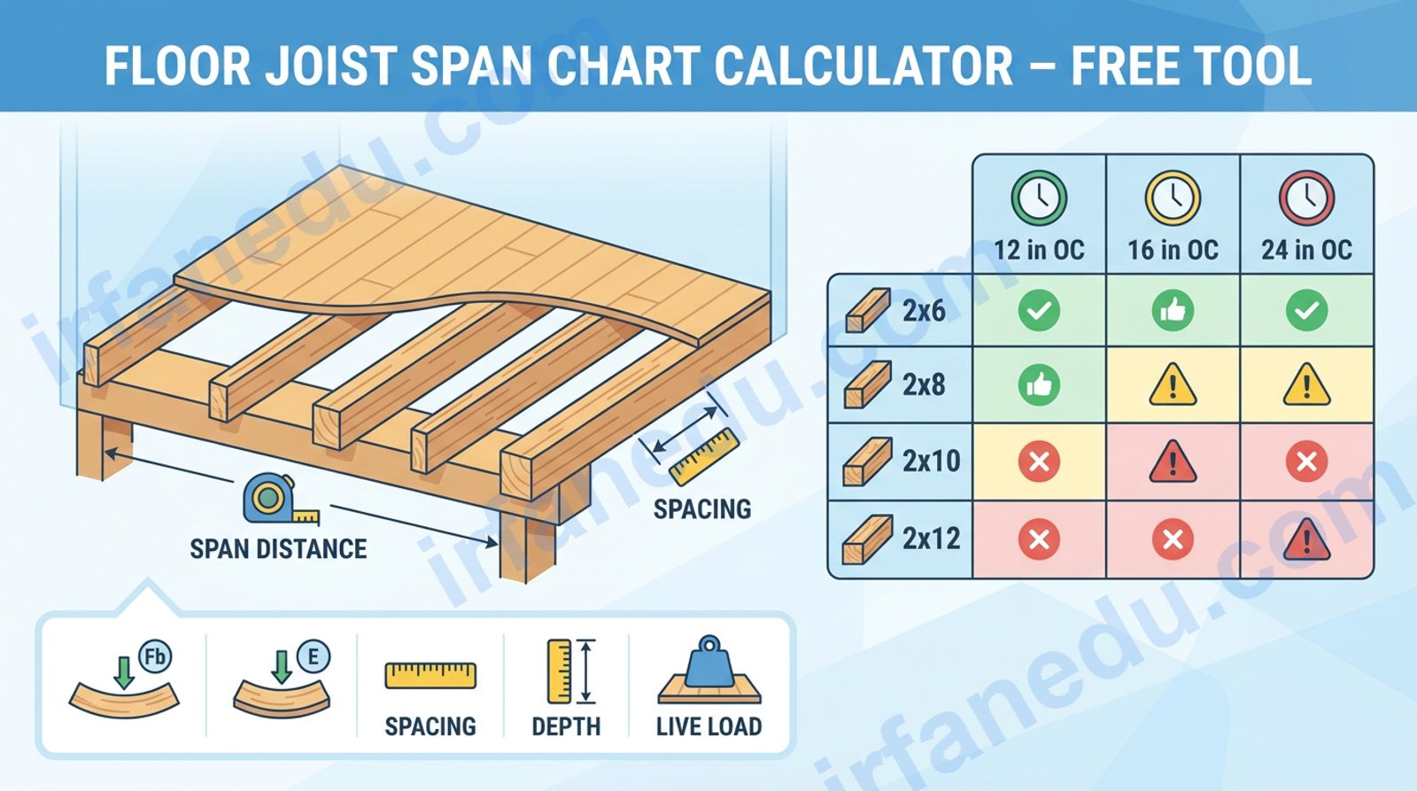 Floor joist span chart calculator showing lumber sizes, spacing, and maximum span distances for residential construction
