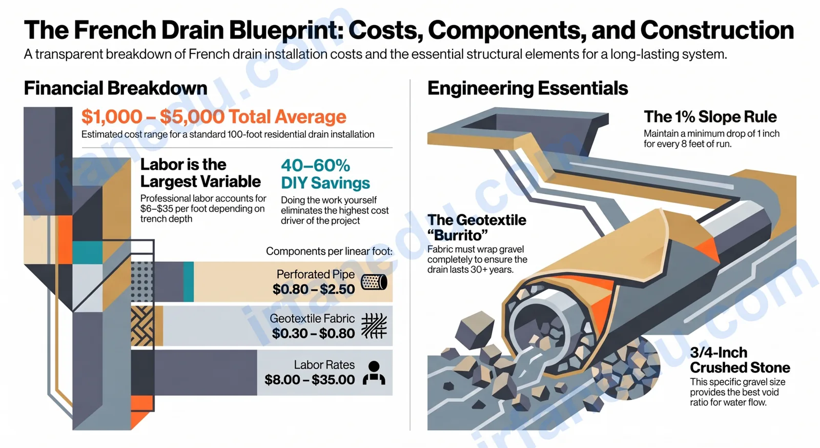 French drain cost calculator showing pipe, gravel, and trench diagram with cost breakdown chart