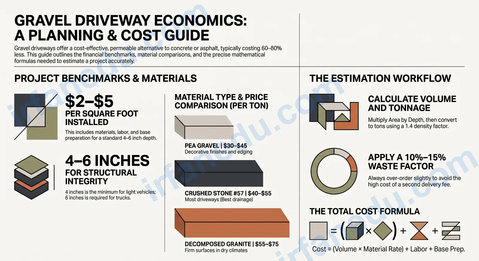 Gravel driveway cost calculator showing price estimate with gravel types and driveway dimensions on screen