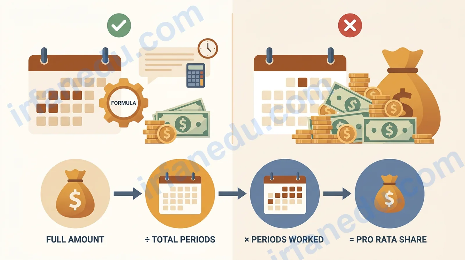 Pro rata calculator showing prorated salary and rent calculations with formula breakdown on a clean US-focused interface
