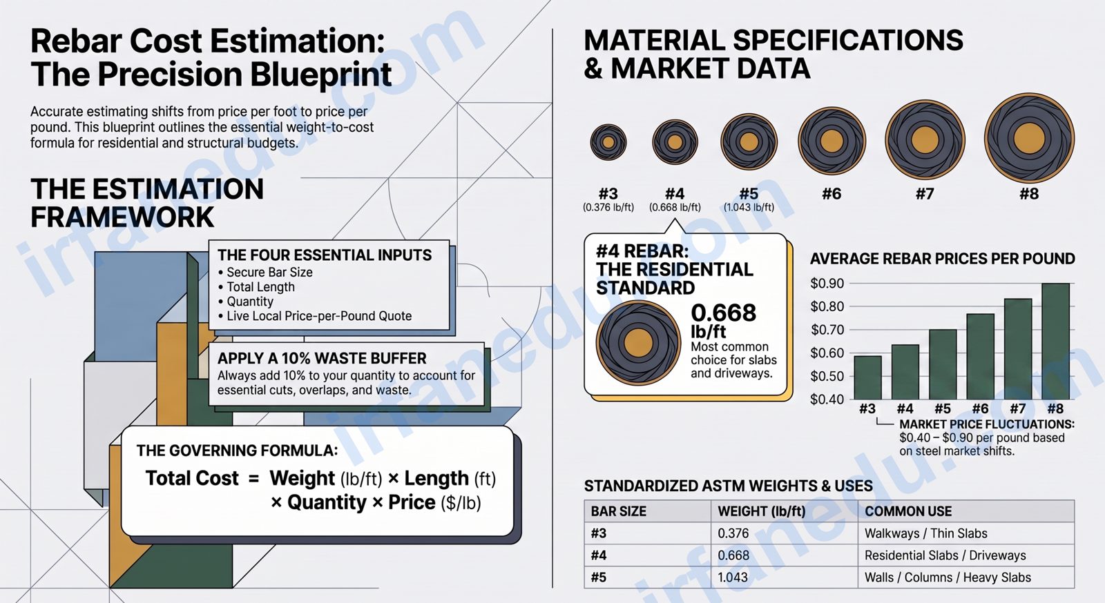 Rebar cost calculator showing steel reinforcement bars with price estimate and formula breakdown for construction projects