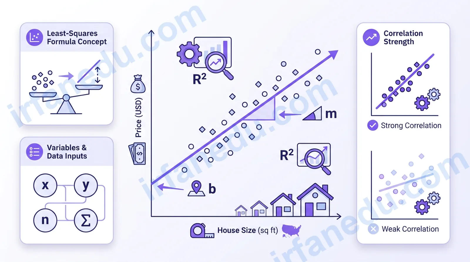 Regression calculator showing slope intercept R-squared and predicted value on a scatter plot diagram