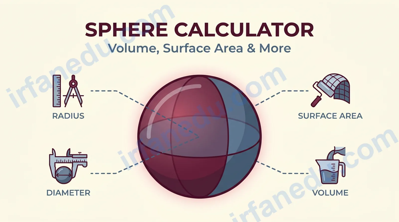 Sphere calculator showing volume and surface area formulas with labeled radius, diameter, and circumference on a 3D sphere diagram
