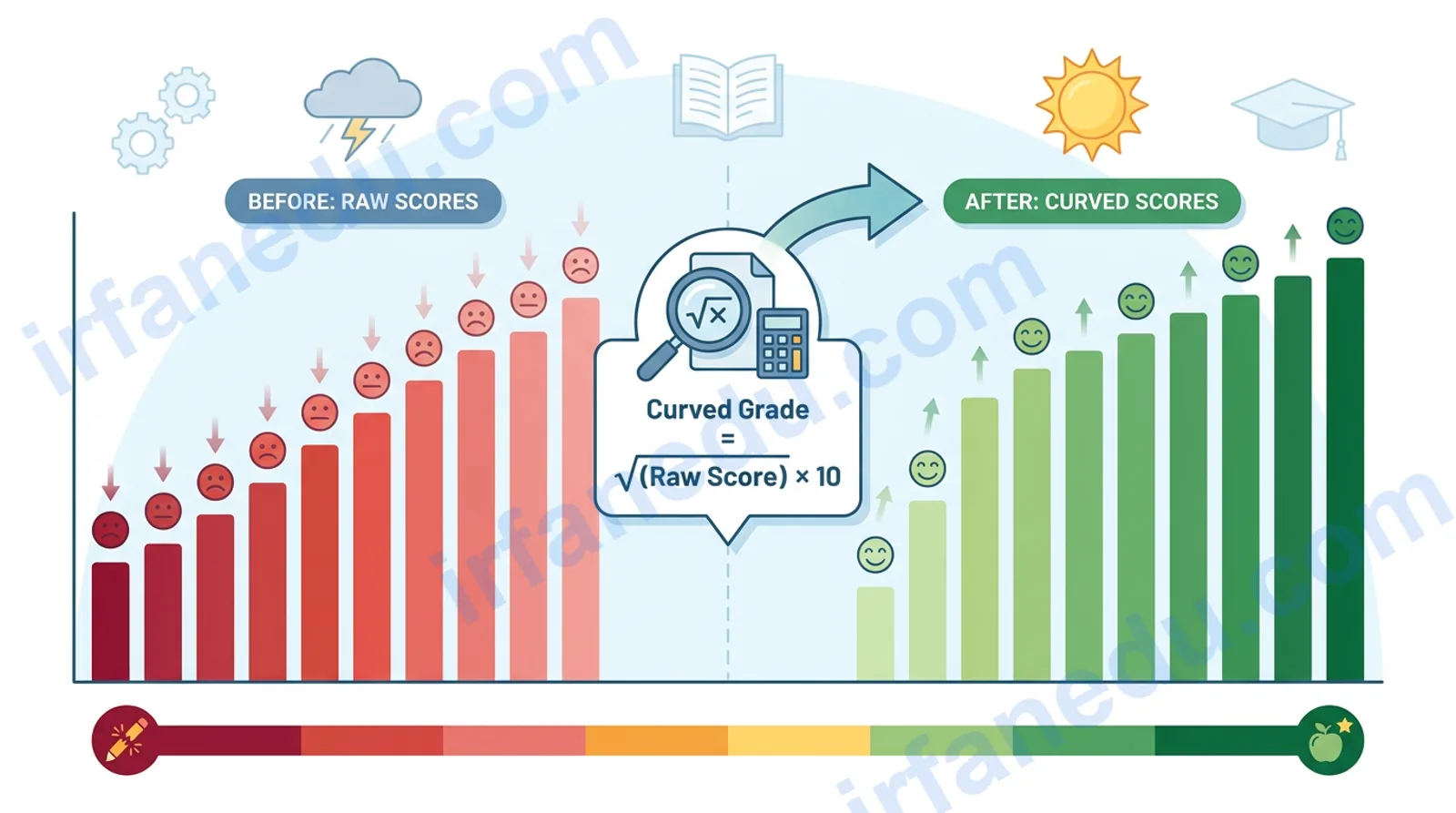 Square root curve calculator showing raw score converted to curved grade using square root formula on a clean interface